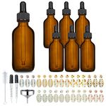 Amber Glass Dropper Bottles, 6 Pack 2 oz Dropper Bottle with 2 Glass Eye Droppers & Funnels, Brush, Labels, Cosmetic Sample Container for Essential Oils and Perfume (2 oz (60ml))