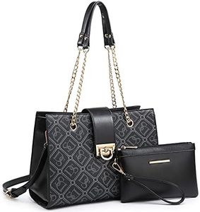 Dasein Women Fashion Tote Bags Handbag Purse Chain Shoulder Bag Top Handle Bag Hobo With Matching Clutch (Monogrammed Black)