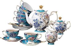 ACMLIFE Tea Pot Sets for Adults, Bone China Tea Set Blue and White, Tea Cups Sets of 6, Tea Party Set for Women, Vintage Fine Coffee Tea Set English Porcelain Luxury Tea Sets with Teapot for Gift