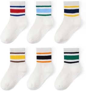 Bearbay Non-Slip Toddler Grip Socks with Anti Skid Soles,Unisex Cotton Crew Ankle Socks for Baby Boys Girls Kids 6 Pairs