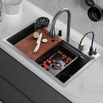 Plantex Heavy Duty Stainless Steel Waterfall Kitchen Sink with Anti Scratch Honeycomb Design/Luxurious Sink for Kitchen with Pull Down Faucet - Multifunctional Modern Sink (30x18 Inch, Nano Black)