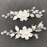 BETITETO Pearls Flower Hair Clips 2pcs Bridal White Floral Silver Leaf Vine Hair Pieces Accessories for Wedding Women