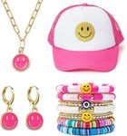 BigVivi 11 Pack Preppy Jewelry Set Smile Face Trucker Hat Stackable Bracelets Necklace Earrings Y2K Mesh Back Baseball Cap Colorful Handmade Charms Stretch Bracelets, Birthday Gifts for Women Girls