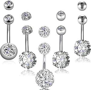 5 PCS 14G Stainless Steel Belly Button Rings for Women Girls, YEELONG 5 Style Silver Navel Piercing Body Piercing Jewelry, Metal