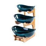 Simcat Fruit Plate Set Fruit Basket for Kitchen Counter, Ceramic Fruit Bowl,Large Capacity Fruit Bowl Set with Holder, Bamboo Fruit Serving Tray (Three Layer Dark Green)