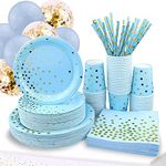 310PCS Party Supplies - Disposable Paper Plates Dinnerware Set Rose Gold Dots 50 Dinner Plates 50 Dessert Plates 50 Cups 50 Napkins 50 Straws 60 Balloons Birthday Party Wedding Holiday (Blue and Gold)