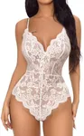 Buitifo Women Lace Bodysuit One Piece Babydoll Backless Mini Teddy V Neck Lingerie (White 1,S)