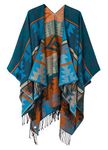 Urban CoCo Women's Printed Tassel Open front Poncho Cape Cardigan Wrap Shawl (Series 4-Blue)