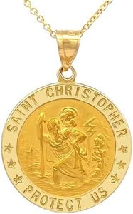 RP 14k Yellow Gold Polished Saint Christopher Pendant Medal, 3/4" Size of Dime with 16-18" Adjustable 14k Yellow Gold Chain