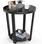 Round End Table, Black End Table with Tempered Glass Top & Metal Frame, Round Side Table Small Coffee Table for Living Room, Bedroom, Balcony