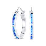 Created Blue Opal Inlay Thin Flat Tube Large Hoop Earrings For Women .925 Sterling Silver 1 Inch October Birthstone