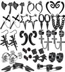 Morfetto 16 Pairs Stainless Steel Punk Y2K Black Earrings for Men Women Mens Earrings Axe Skull Screw Cone Cool Emo Goth Chains Jewelry Piercing Dangle Hoop Earrings Stud Set