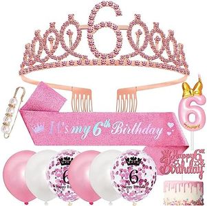 6 Cumpleaños Corona Banda 6 Años Decoración Cumpleaños, Oro Rosa Corona Cumpleaños Sash Globos Velas de 6º Cumpleaños 6 Años Primero de la Torta para 6 Cumpleaños Niña Decoracion 6 Cumpleaños