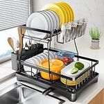 Dish Drying Rack for Kitchen Counter - 2 Tier Large Dish Rack with Drainboard, Rustproof Dish Drainer with Utensil Holder for Sink, Black
