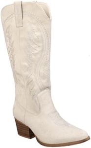 Fomoti Women's Western Cowboy Boots - Embroidered Ankle Booties with Chunky Block Heel, Side Zipper Suede Cowgirl Boots for Country Concert(10,white)
