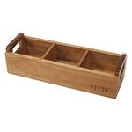 Small Wooden Tea Bag Box by HTB, 3 Compartments Acacia Wood Tea Bag Chest with Handle, Mini Countertop Divided Storage Container for Beverage Supplies, Sugar, Sweeteners, Individual Packets