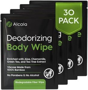 Alcala Deodorizing Body Wipes Individual Shower Wipes 100% Pure Biodegradable Bamboo Wet Wipes with Aloe Tea Tree Adult Body Wipes for Women & Men Ideal for Camping Hiking, Hospitals & Gym (30 Pack)