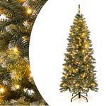 SPOTRAVEL 5FT Pre-Lit Slim Pencil Christmas Tree, Snowy Artificial Xmas Tree with 408 Branch Tips and 200 LED Lights, Hinged Festive Decoration Tree