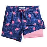 MaaMgic Mens 2 in 1 Swimming Shorts 4 Way Stretch Trunks 5.5" Swimwear Quick Dry Bathing Suits,Flamingo Blue,Large