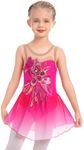 Girl Ice Figure Skating Dress Ballett Dance Leotards Rhythmic Gymnastics Bodysuit Shiny Sequin Flower Sleeveless Gradient Chiffon Flowy Skirt Competition Custumes Performance Dancewear Hot Pink 5-6Y