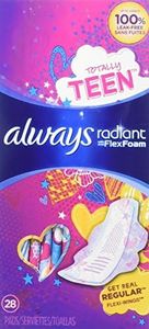 Always Radiant Totally Teen Pads With FlexFoam Flexi-Wings Flexible Wings, 28 Count, 2 Pack. (Includes 56 Pads Total.) Lasts Up To 8 Hours. Absorbs 10X Its Weight. Individually Wrapped Pads.