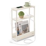 VASAGLE Side Table with Charging Station, Narrow End Table, 3-Tier Nightstand, Sofa Table for Small Spaces, Magazine Rack, for Living Room, Bedroom, Study, Cream White ULET335W01