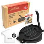 Uno Casa Cast Iron Tortilla Press - 8 Inch Tortilla Maker, Pre-Seasoned Roti Maker with 100 Pcs Parchment Paper, Heavy Duty Quesadilla Maker - Pataconera for Flour Tortilla, Tawa