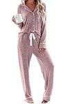 Aamikast Women's Two-piece Classic knit Pajama Sets Long Sleeve Button Down Sleepwear (M, Pink)
