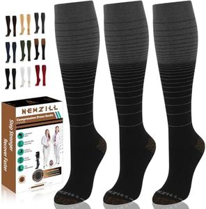 NEWZILL 3 Pairs Copper Compression Socks for Women & Men 15-20mmHg Cotton Rich Odor Control Dress Socks for Business Casual Running Medical Athletic Support, Edema Diabetic Relief Gray Stripes L/XL