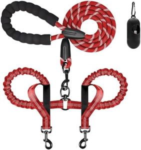 Heavy Duty Dual Dog Leash - Adjustable, No Tangle, Bungee Retractable for Walking Two Dogs - Red, 5.5FT - 1/2'