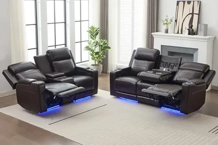 P.H.Furn 2+3 Power Recliner Sofa and Loveseat, Home Theater Seating with Adjustable Headrest, Blue LED Lighting, Wireless Charging, Flip-Up Backrest Storage, Multi-Charging Power Reclineing Sofa
