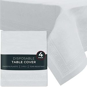 HOUZZKINGZ USA Paper Tablecloths for Rectangle Tables | 54” X 108” – 4 Pack | White Paper Disposable Tablecloth | 3-Ply Premium Paper & Plastic Table Cloths for Parties Disposable