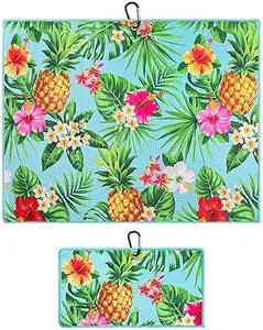Playing It Forward Pineapple Tropics Golf Towel with Clip for Women and Men, Microfiber Waffle and Ball Towels, Set of 2