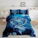 Cute Dolphin Comforter Set Queen Size,Dolphins Play with Water Bedding Set for Kids Boys Girls Bedroom Decoration,Moonlight at Night Bed Duvet Insert,Sea Animals Comforter with 2 Pillowcase