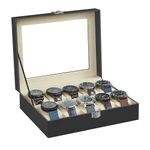 SONGMICS Watch Box with 10 Slots, Watch Case with Glass Lid, Watch Display Box with Removable Watch Pillows, Metal Clasp, Gift Idea, Black Synthetic Leather, Greenish Beige Lining JWB010