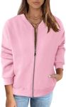 MEROKEETY Basic Zip Front Sweatshirts Crew Neck Solid Color Casual Coat Jacket for Women, Pink, Medium