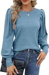 HOTOUCH Womens Tops Lightweight Puff Sleeves Jumpers Round Neck Long Sleeve Shirts Spring Autumn Blue Size 10