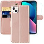 MONASAY Vegan Leather Fit for iPhone 14/13 5G Wallet Case, 6.1-inch, [Glass Screen Protector Included] [RFID Blocking] Flip Folio Phone Cover with Credit Card Holder,Rosegold