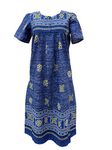 Loungees Short Sleeve Blue Border Print Cotton Lounge Dress | 3 Button Bib Yoke, Blue, 3X