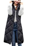 GORIFE Womens Mid Long Down Puffer Vest Zip Up Jackets with Hood Quilted Sleeveless Coat Black S