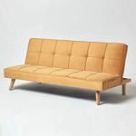 HOMESCAPES Velvet Sofa Bed Gold 3 Seater Sofa Click Clack Bed Sleeper Retro Range ‘Bower’ Mustard Bed Settee on Wooden Legs for Study Guest and Living Room