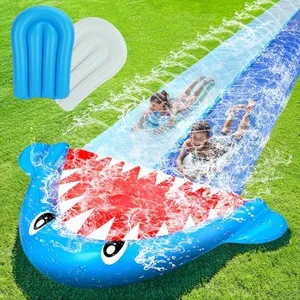 TOY Life 20FT Giant Shark Water Slides for Kids Backyards Lawn with 2 Bodyboards, 2 Lane Slip Splash and Slide Summer Toys Waterslide with Built-in Sprinkler for Backyard Outdoor Shark Water Toys Fun