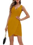 oxiuly Women's Wrap V Neck Bodycon Ruched Cocktail Party Dress Chic Church Wedding Club Pencil Dresses OX345 (Yellow, S)