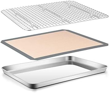 Cookie Sheet with Rack Set, E-far 16”x12” Stainless Steel Baking Sheet Pan for Oven Cooking, Rimmed Metal Tray with Wire Rack & Silicone Baking Mat for Cooling Roasting Bacon Steak - Dishwasher Safe