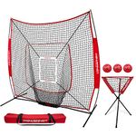 PowerNet DLX Combo 6 Piece Set for Baseball Softball | 7x7 Practice Net Bundle w/Strike Zone, Ball Caddy + 3 Weighted Training Balls | Team or Solo Training | Hitting & Throwing (Red)