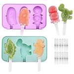 Katieyca Ice Pop Molds 2 Pack Easy Release Ice Cream Mold,Fun Popsicles Molds Silicone Reusable Cartoon Animal Cute Ice Molds for Kids with Cover with 12 Popsicle Sticks- BPA Free