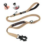 PET PEPPER 5-in-1 Dog Leash - 6ft Heavy Duty Shock Absorbing Bungee Dog Leash || Highly Reflective Belt with Traffic Handle || Military Grade Metal Clip || Car Seatbelt Buckle (Khaki Brown)
