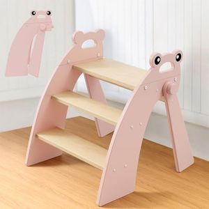 Wooden 3 Step Stool for Toddlers, Step Stool for Kids Bathroom Sink, Foldable Non Slip Kids Toilet Potty Training Stool with Handles for Nursery Bedroom, Child Kitchen Counter Stool Helper, Pink