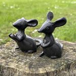 Animal Crackers Pair of solid cast iron mice garden ornament decorations, one 'talking' one 'listening', mouse lover gift