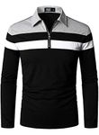 HOOD CREW Men’s Casual Long Sleeve Polo Shirts Fashion Color Patchwork Zipper T-Shirts Black M